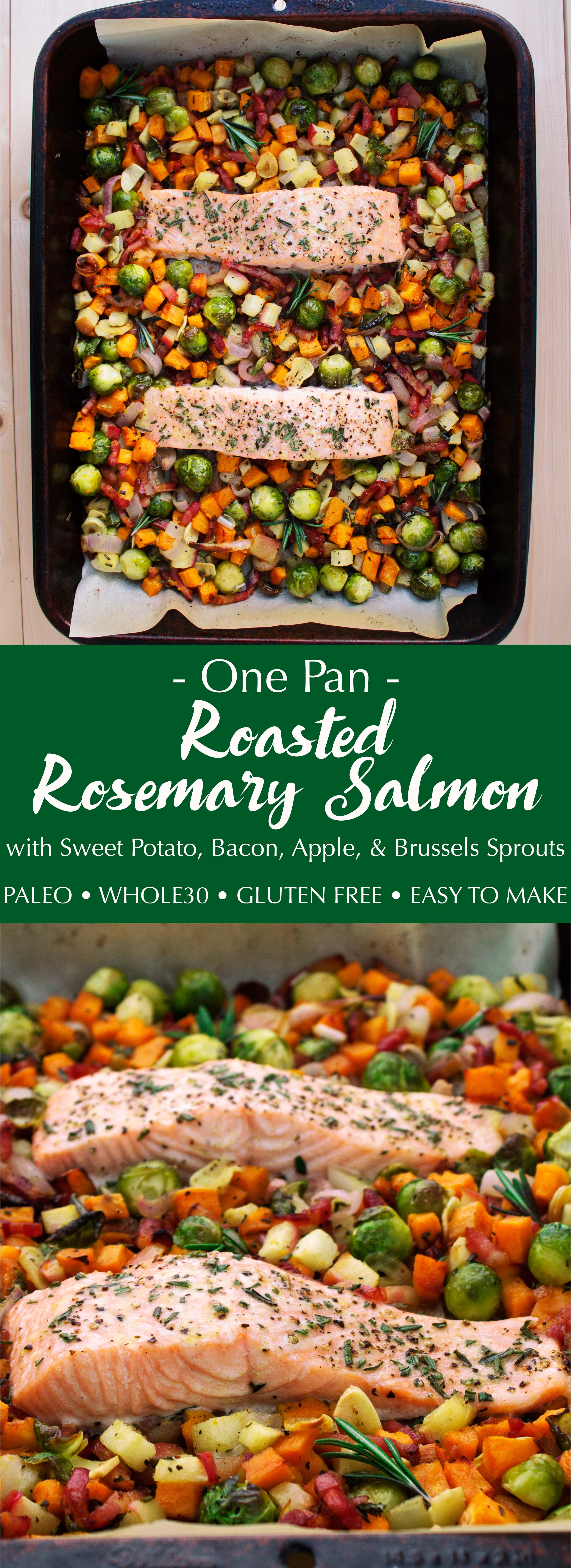 One Pan Salmon with Sweet Potato, Bacon, Apple, & Brussels Sprouts | Kit's Coastal | #kitscoastal #coastalpaleo #paleo #glutenfree #dairyfree #salmon #onepan #sheetpan