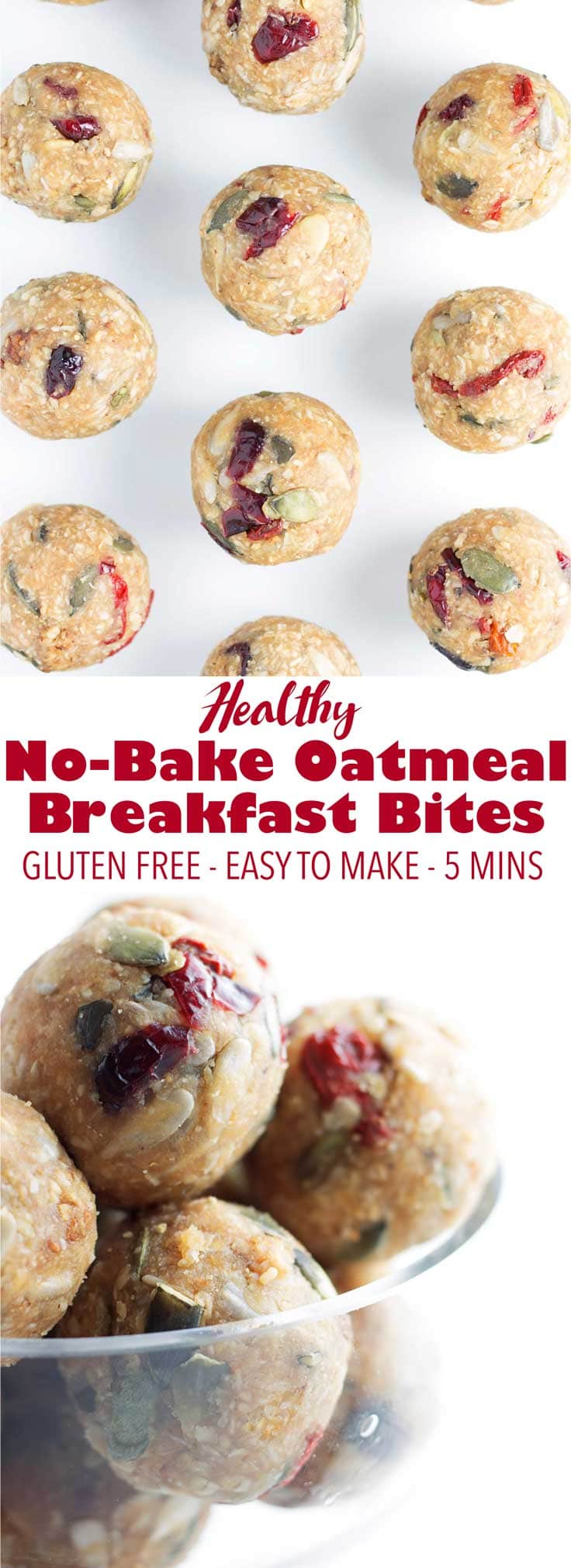 Perfect for a quick breakfast or snack! A mixture of oats, nuts, seeds, and berries, these no-bake breakfast bites are easy to make, gluten free, and vegan!