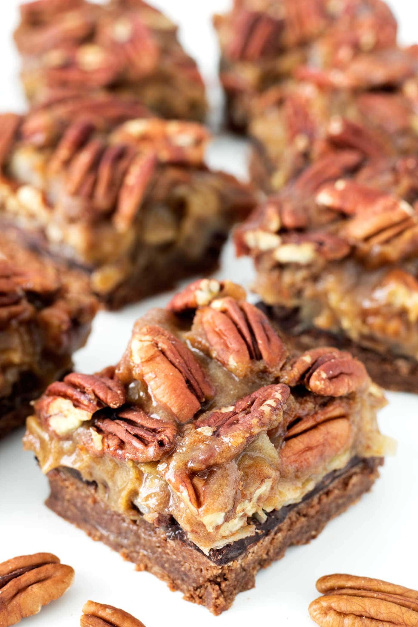 Pecan pie meets German chocolate cake! This healthy holiday dessert is perfect for Thanksgiving or Christmas. Paleo, gluten free, and dairy free!