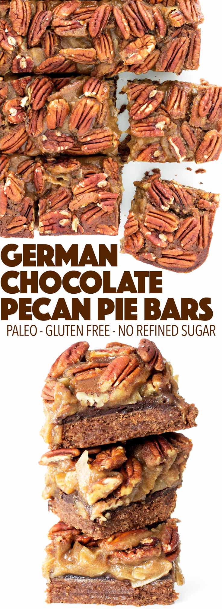 Pecan pie meets German chocolate cake! This healthy holiday dessert is perfect for Thanksgiving or Christmas. Paleo, gluten free, and dairy free!