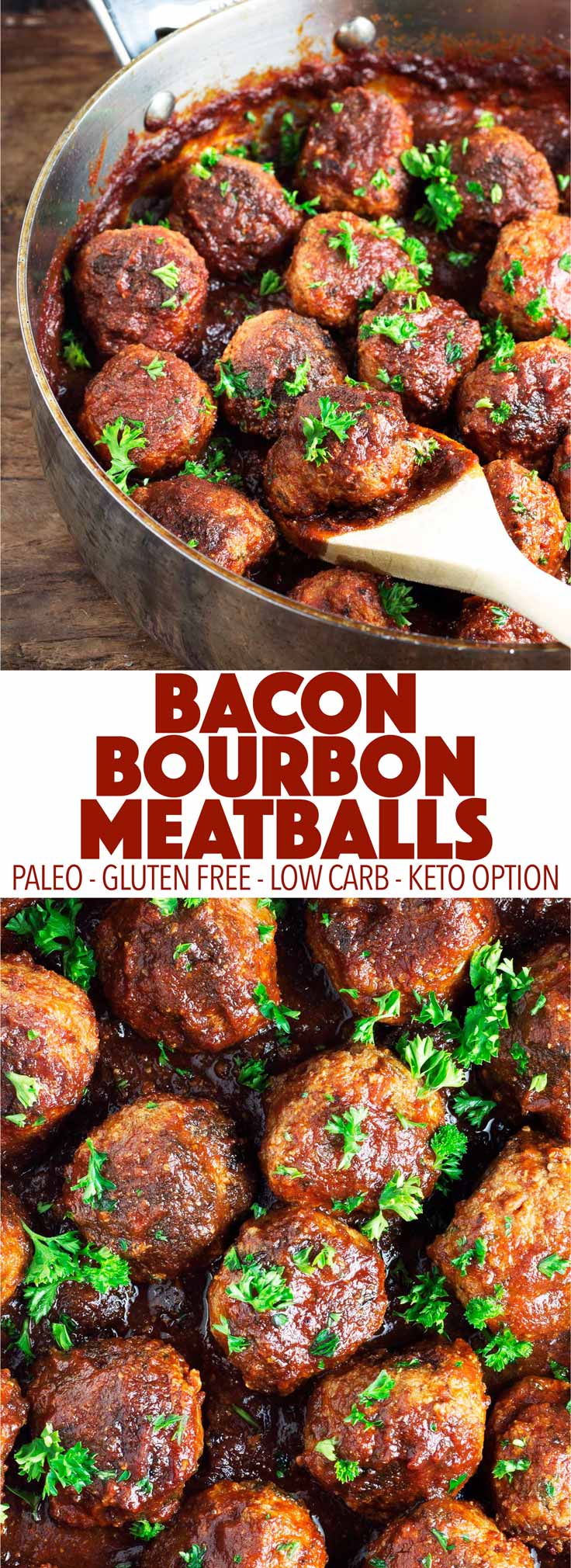Perfect as a game day appetizer or for dinner! These bacon bourbon meatballs are easy to make and full of flavor. They are paleo, gluten free, dairy free, low carb, and can be made keto!