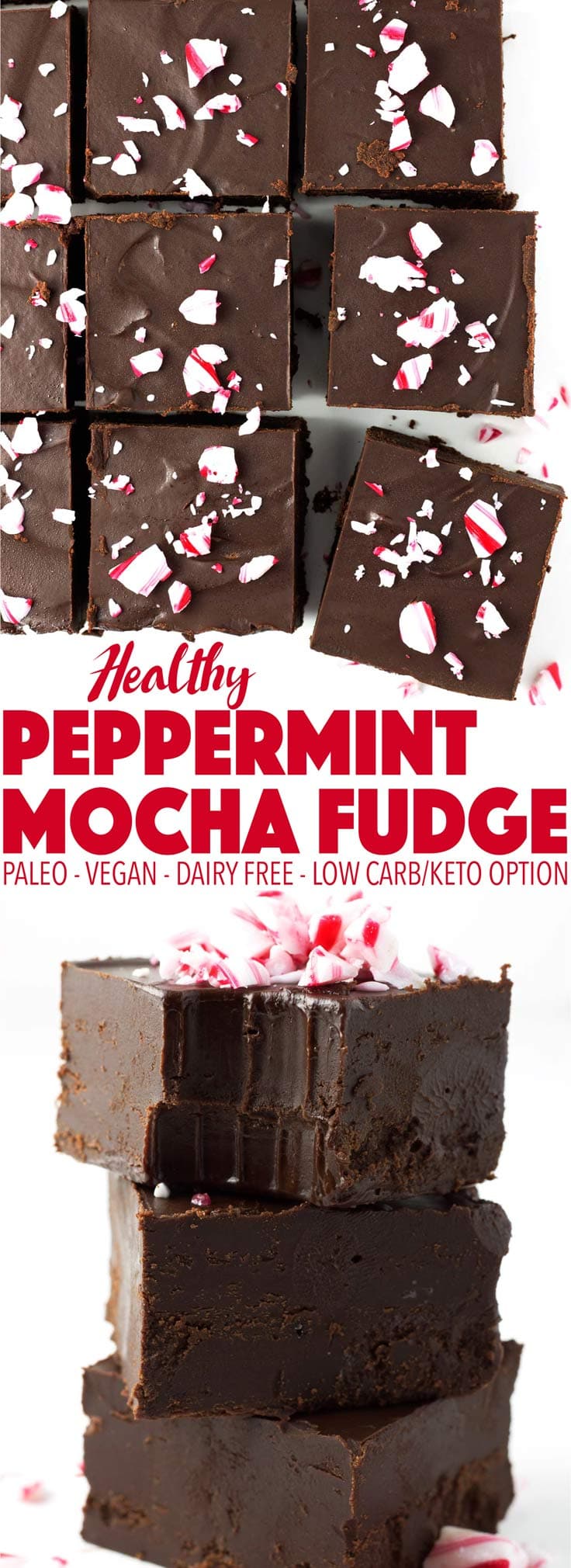 Easy to make and perfect for the holiday season! This peppermint mocha fudge is delicious as a Christmas dessert. It's paleo, vegan, dairy free, and can be made keto and low carb!