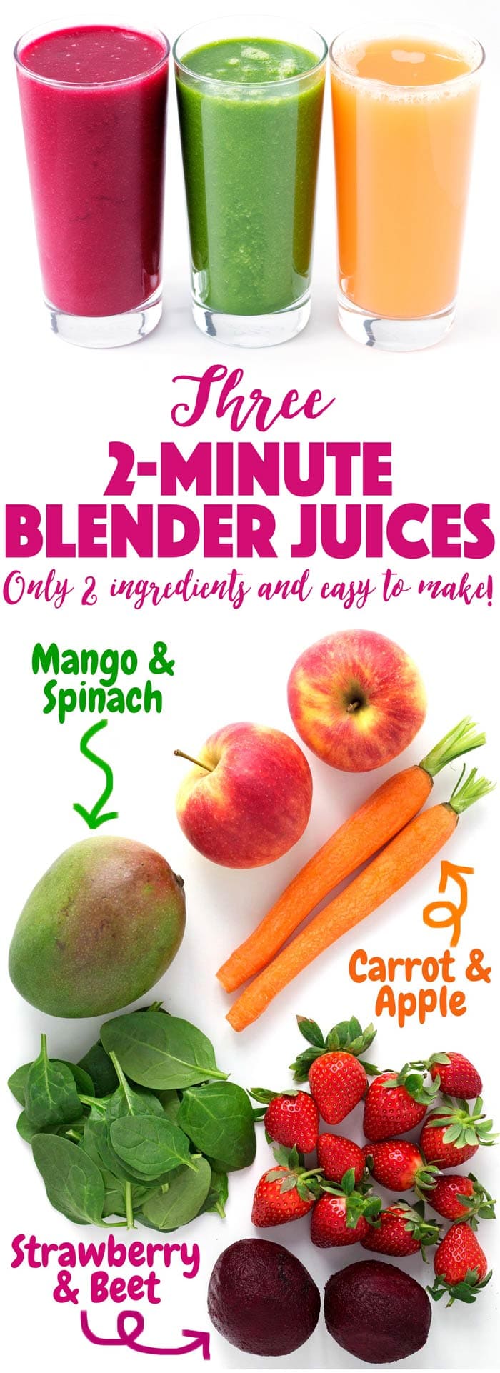Strawberry & Beet | Mango & Spinach | Carrot & Apple | Quick and easy juices you can make in a Vitamix or blender! They are paleo, Whole30, and vegan. 
