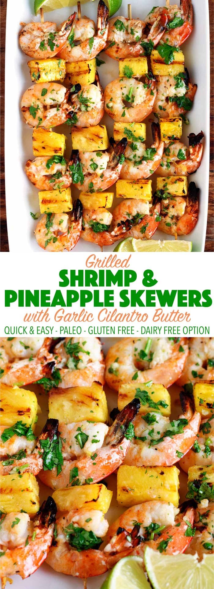 So delicous and easy! Less than 25 mins to make these grilled shrimp and pinapple skewers. Perfect for dinner or a party! Paleo, gluten free, dairy free.