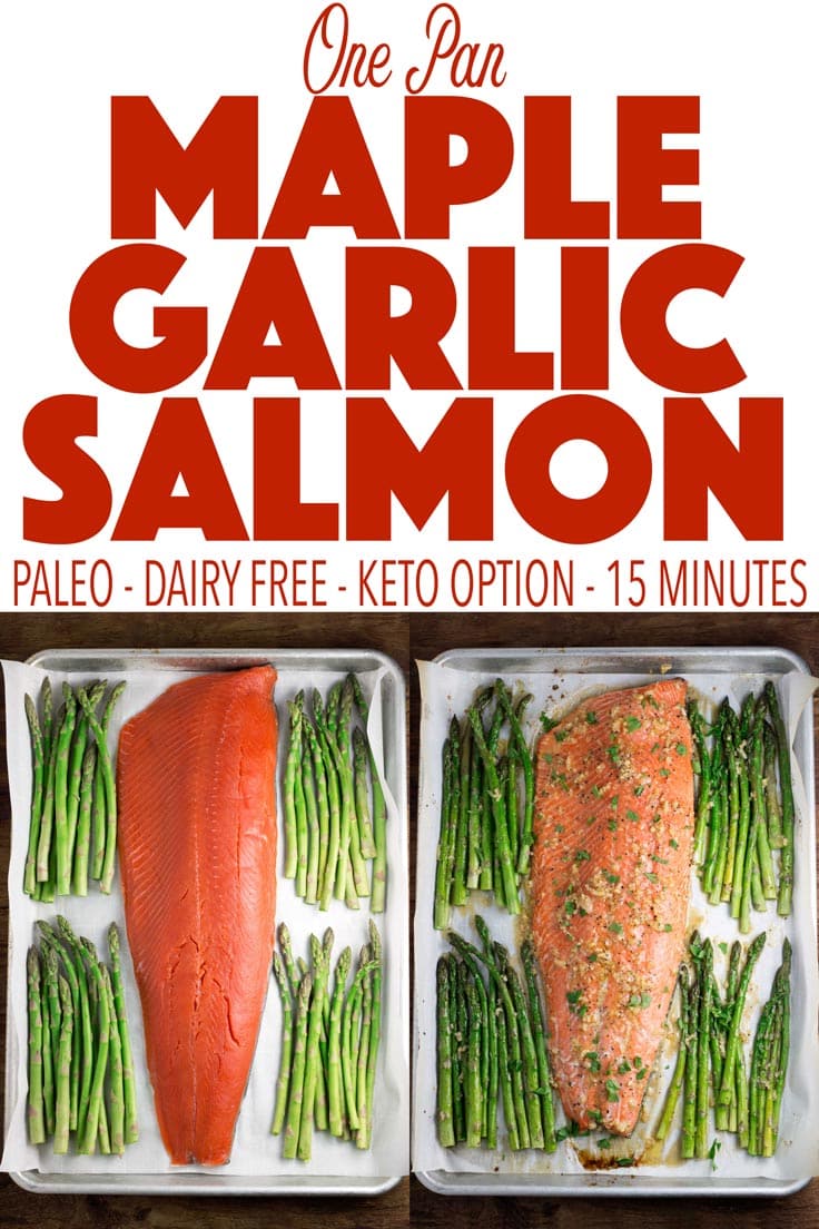 Only 15 minutes to make!! This easy one pan recipe for maple garlic salmon and asparagus is perfect for entertaining or a quick weeknight meal! It is paleo, gluten free, dairy free, and can be made low carb and keto! 