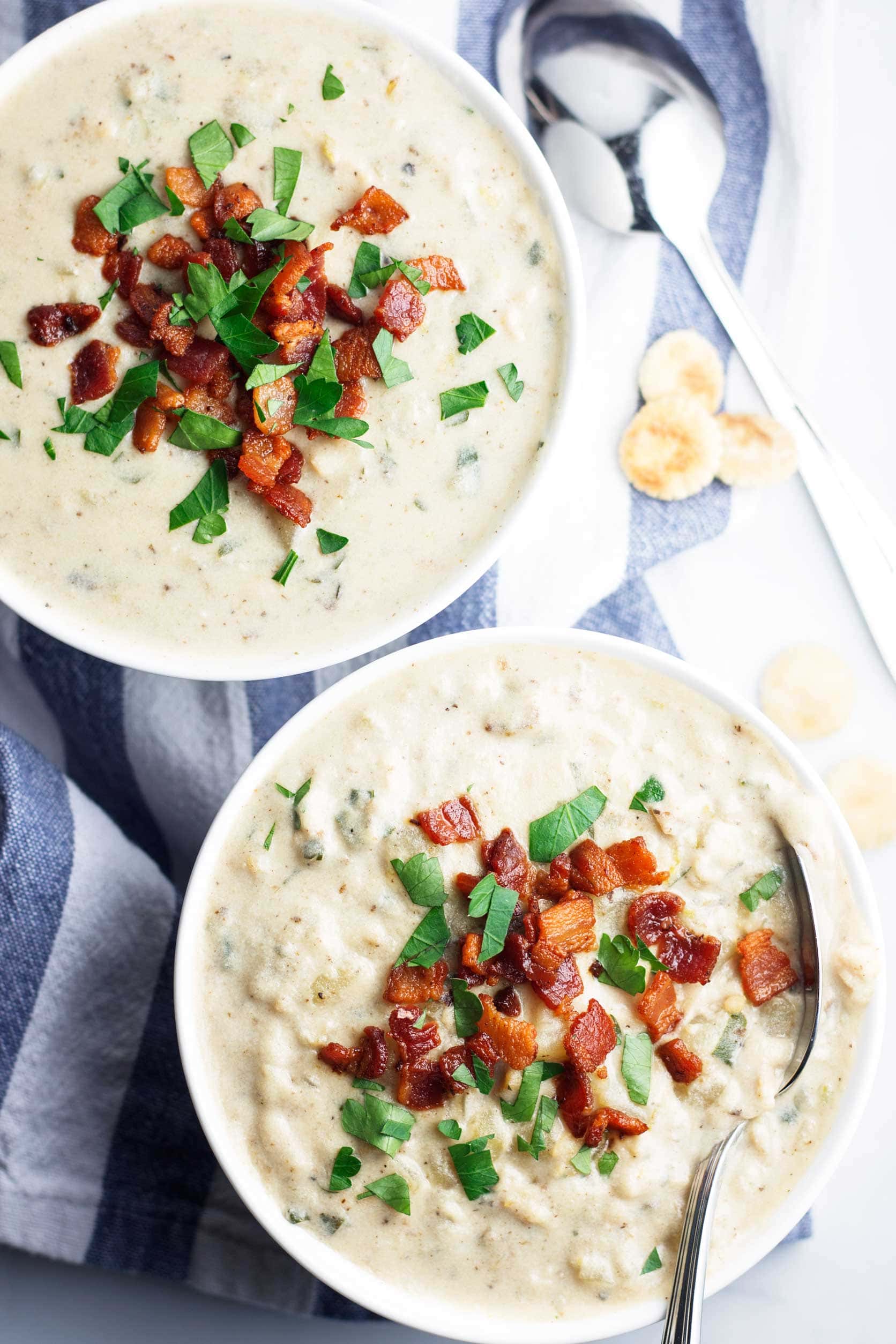 Dairy Free Clam Chowder in two white bowls 