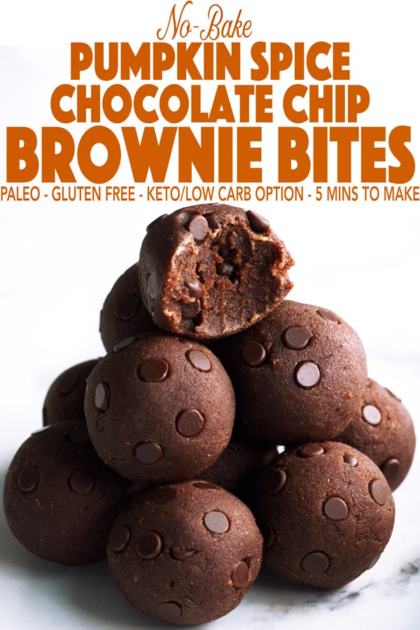 5-minute brownies for your emergency sweet tooth! These delicious pumpkin spice brownie bites come together in just 5 minutes and you can even eat the dough straight from the bowl if you're feeling naughty. This quick dessert recipe is #paleo, #glutenfree, #dairyfree, #vegan, and can be made #lowcarb and #keto! #paleodessert #healthydessert #healthybrownies #nobakebrownies #chocolate #paleorecipes #glutenfreedessert #brownies #chocolatechips #healthyeating #nobakedessert #dairyfreechocolate #quickdessert