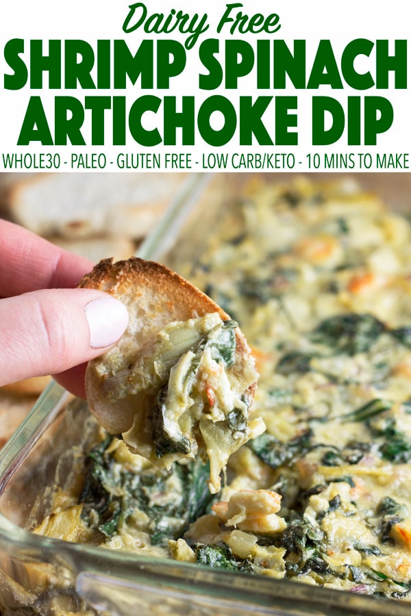 You won’t believe there’s no cheese in this delicious dip! Spinach artichoke dip made dairy free! Plus #shrimp! Y'all are going to love this easy and addictive recipe. With just 10 minutes of prep time it's perfect for #gameday! This simple recipe is #paleo #whole30 #lowcarb #keto #glutenfree and #dairyfree! #spinachartichokedip #paleoappetizer #whole30appetizer #gamedayrecipes #whole30recipes #healthyeating #artichokes #spinach #glutenfreeappetizer #Whole30gameday #paleogameday #healthypartyfood #dairyfreedip 