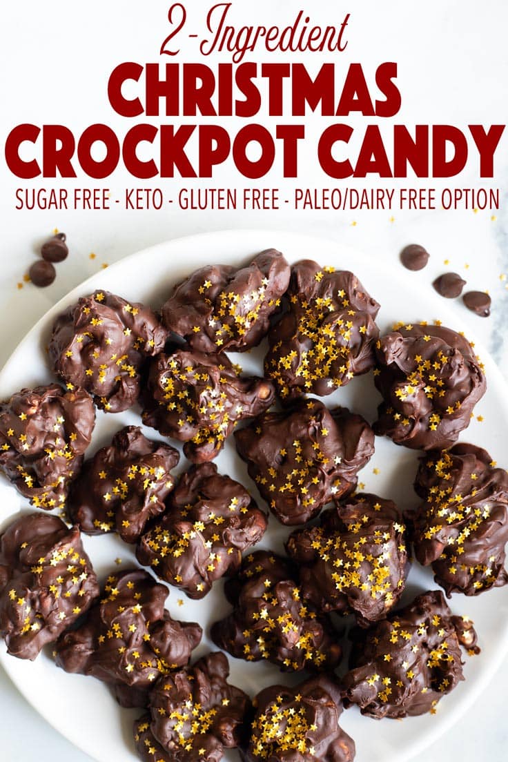 Quick and easy crockpot candy, made keto! This healthier crockpot candy is perfect for Christmas parties or as Christmas gifts! It comes together with just 5 minutes hands-on time! Healthy Christmas cookies. Keto Christmas cookies. Keto Christmas candy. #healthychristmas #ketochristmas #ketocandy #ketocookies #paleochristmas #lowcarbchristmas #christmascookies #healthychristmascookies #crockpotcandy #ketochocolate #lilyschocolate #lowcarbcandy #ketocandy #paleocookies #cashews
