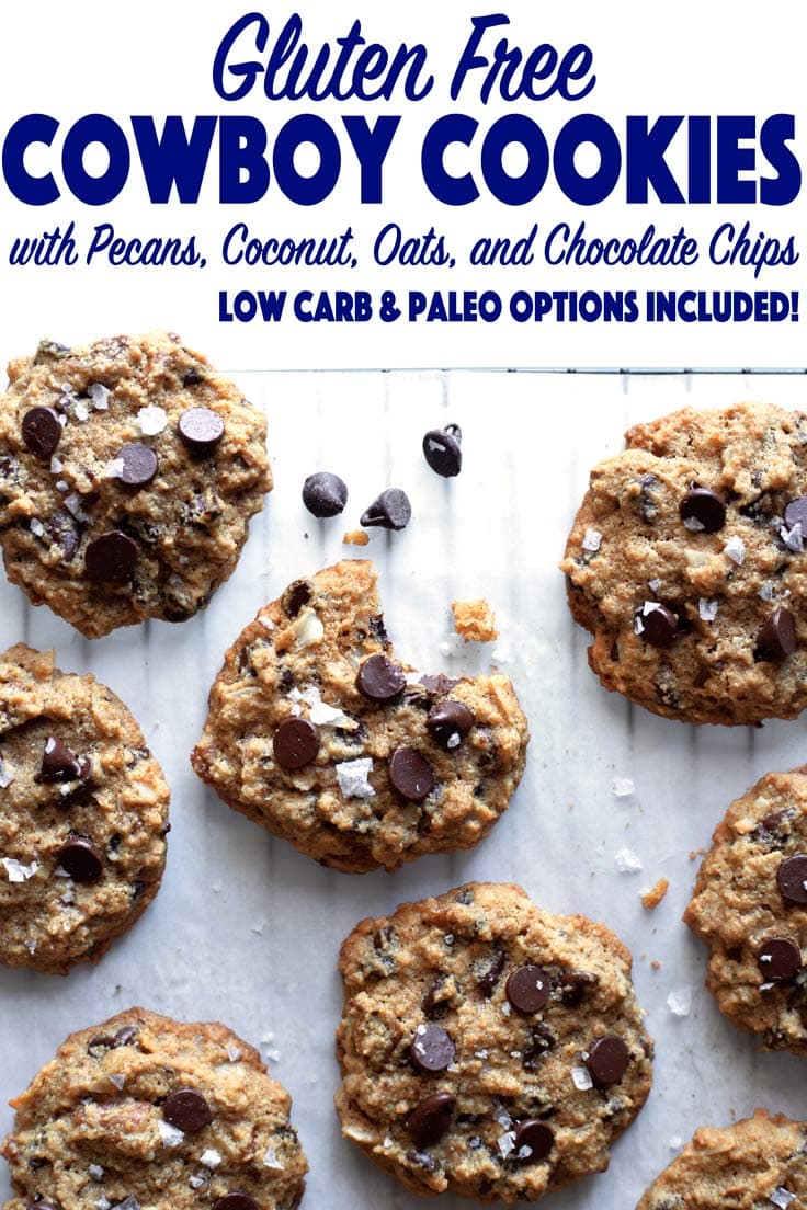 BEST COOKIES EVER in less than 30 minutes! These gluten free cowboy cookies are stuffed full of chocolate chips, pecans, coconut, and oats and are seriously addictive! They are so easy to make and can also be made low carb or paleo! These are truly the best gluten free cookies. #healthycookies #glutenfreecookies #glutenfreebaking #healthybaking #lowcarbcookies #lowcarbbaking #cowboycookies #lowcarbrecipe #healthyeating #lowcarb #paleocookies #paleobaking #refinedsugarfree