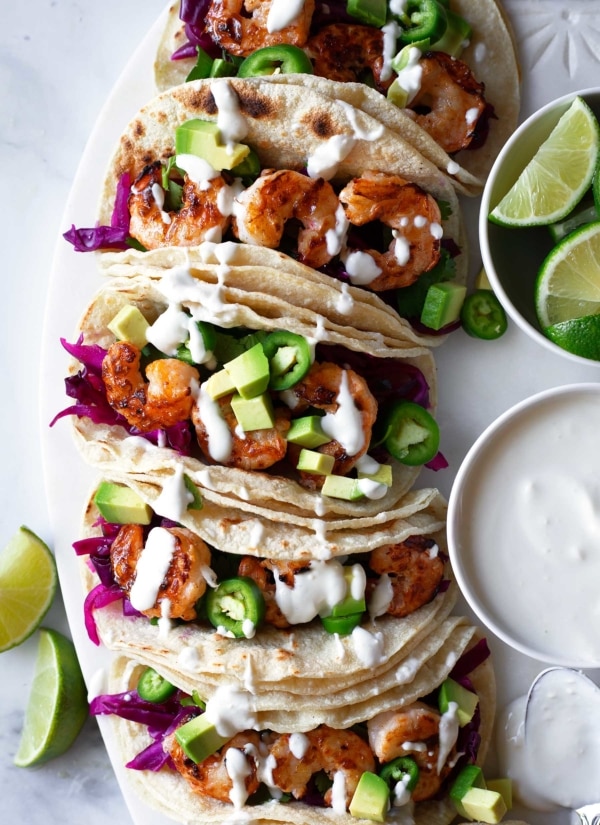 Grilled Buffalo Shrimp Tacos with Blue Cheese Crema - Kit's Kitchen