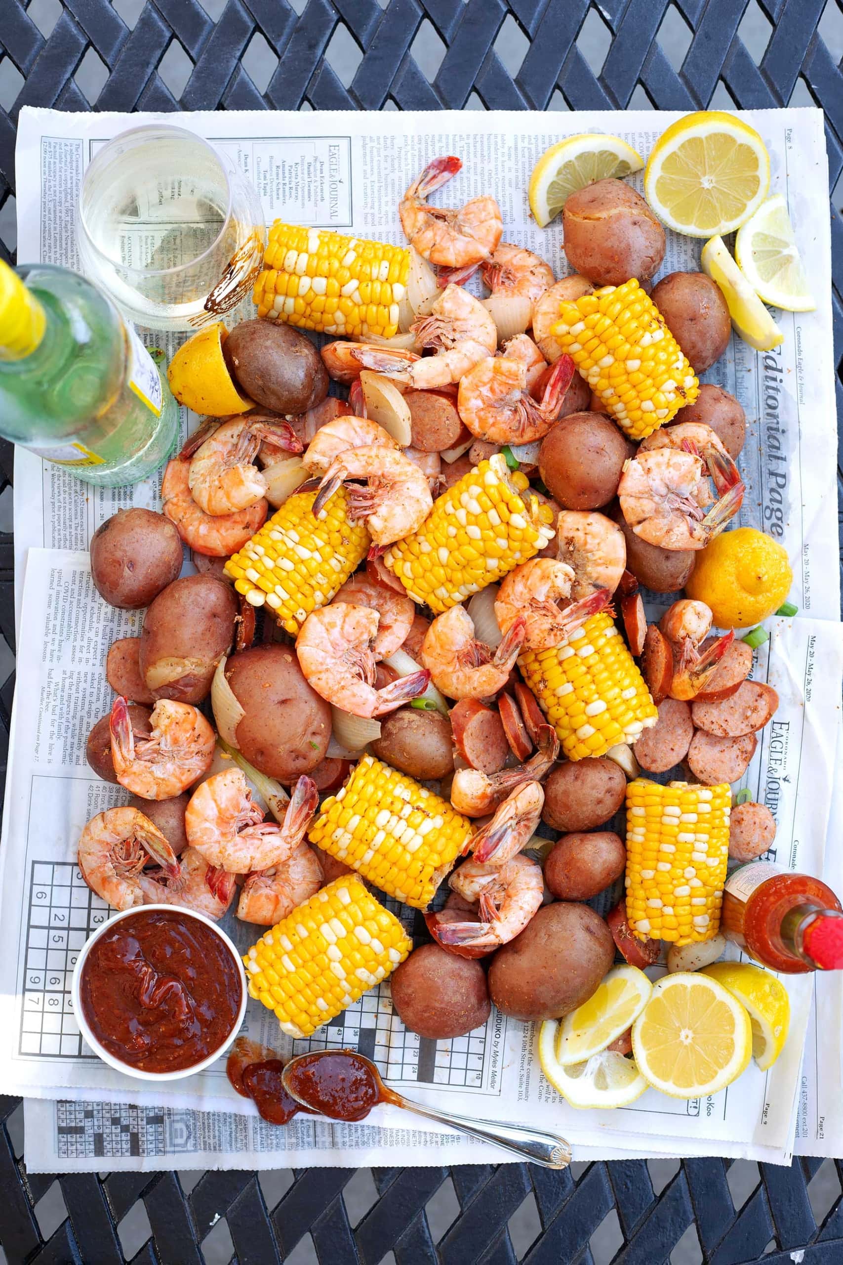 Shrimp Boil and Cocktail Sauce with corn