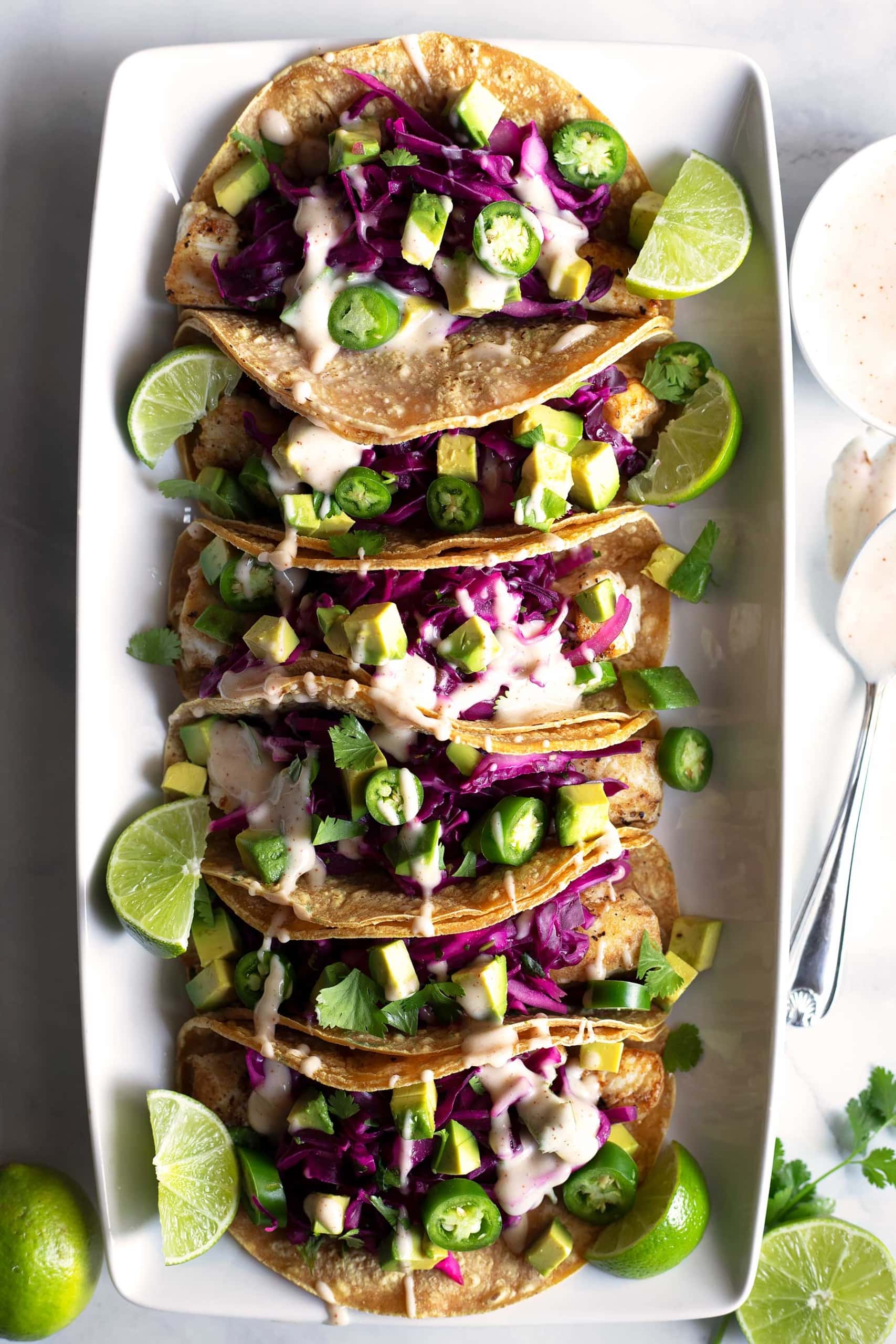 Baja Fish Tacos on a white serving plate