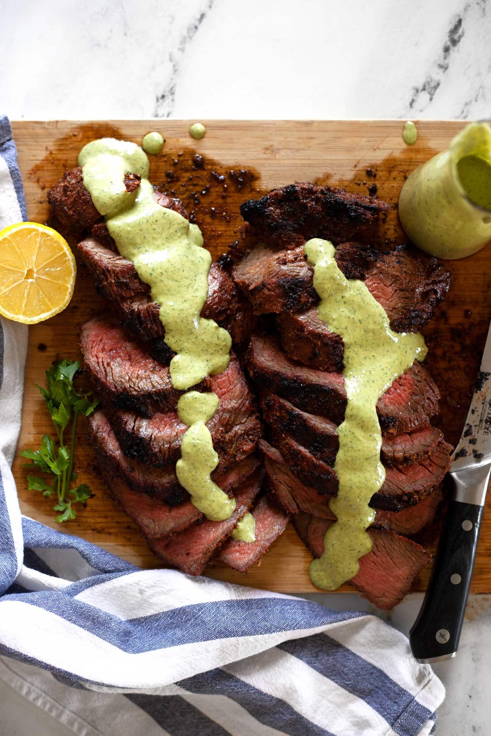 Tri Tip sliced with creamy peppercorn herb sauce