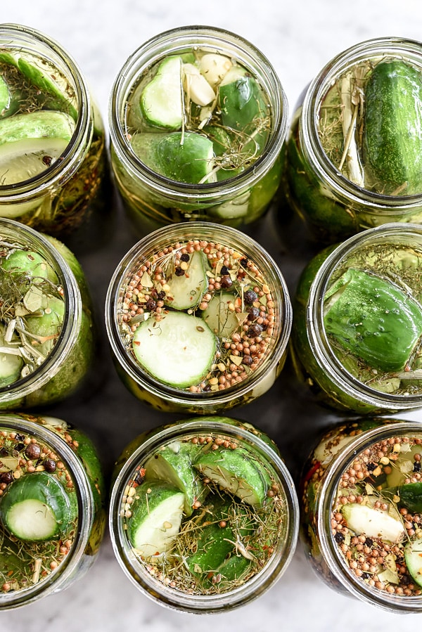 cucumbers in jars before canning overhead shot