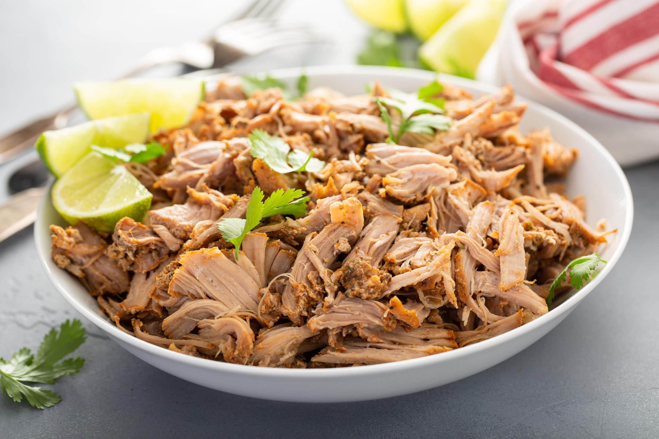 white bowl with Instant Pot Carnitas side view