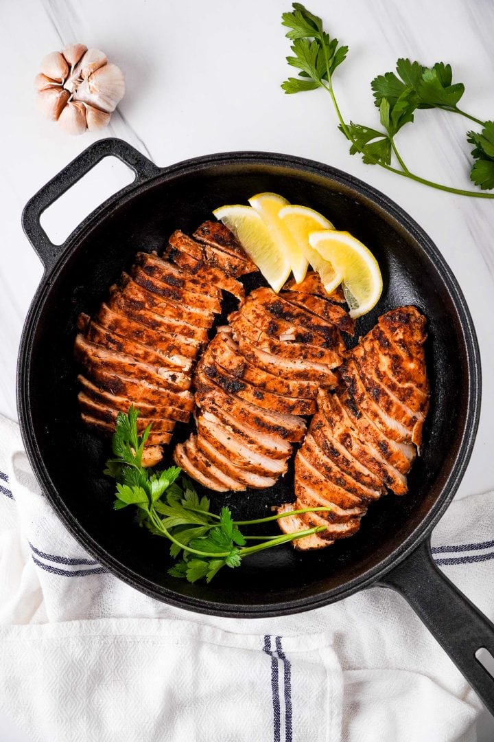 blackened chicken breast in skillet